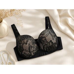 Cacique Lace Balconette Bra Black 42D Lightly Lined Underwire Supportive Sexy